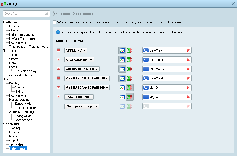 Instruments shortcuts