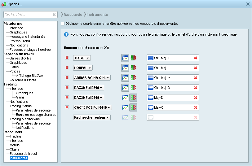 Instruments shortcuts